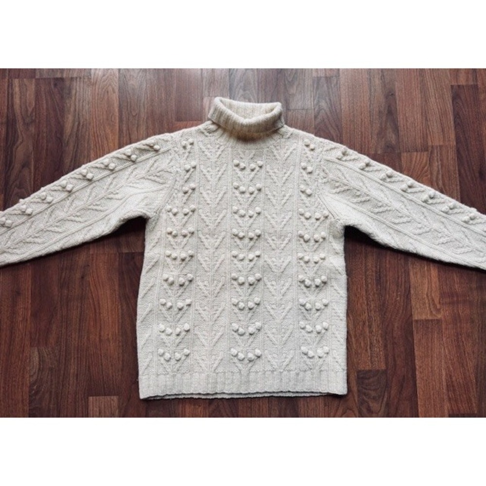 Womens Orvis Irish Style Ireland Aran Cream 100% Wool Bobble Knit Sweater Size S